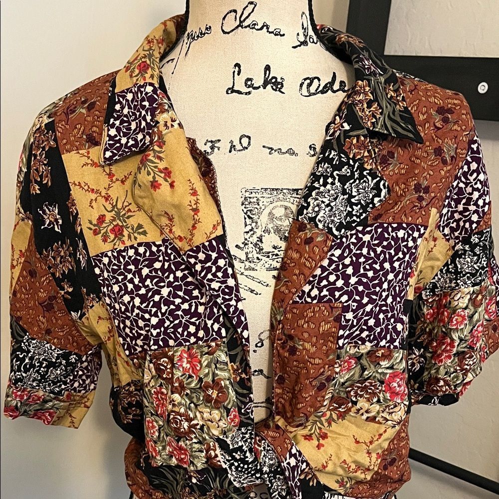 Vintage Virgo II Patchwork Multi Design Bohemian Tie-Front Blouse Hippie - Picture 2 of 9